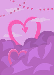 Heart theme fantasy background with clouds and paper heart hanger