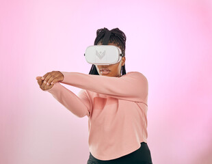 Virtual reality sword, cyber gaming or woman in sci fi augmented reality, futuristic ai metaverse...