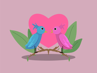 Two lovebirds staring at each other with a heart as a background