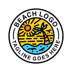 Sun Ocean Logo summer Beach Emblem Vector Design badge illustration Symbol Icon