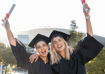 Graduation, celebration and portrait of women cheering for scholarship success. Happy female...