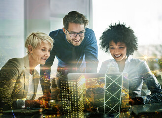 Teamwork, laptop and overlay of business people in office for research, planning or brainstorming...
