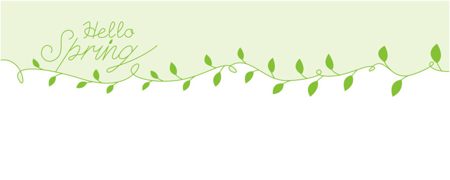 Hello spring lettering decoration withe green leaves. Spring simple illustration. Green leaves and spring hand drawing text for seasonal background, banner and graphic design. Vector illustration.