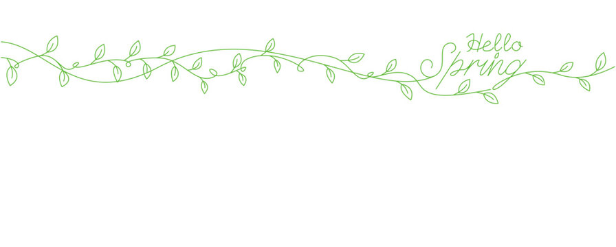 Hello spring lettering decoration withe green leaves. Spring simple illustration. Green leaves and spring hand drawing text for seasonal background, banner and graphic design. Vector illustration.