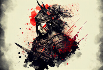 Fototapeta na wymiar japanese samurai warrior kneeling with swords..