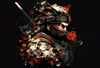 japanese samurai warrior kneeling with swords..