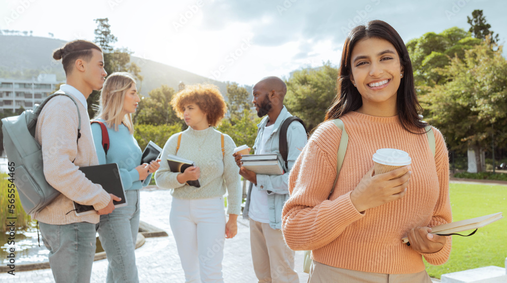 Poster Campus, university and student portrait with study group, learning community and happy education goals. Young gen z person, woman or youth with smile for scholarship, teamwork and schedule planning