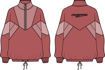 Women Long sleeve tracking jacket design flat sketch illustration, windbreaker jacket with front and back view, winter jacket for girl and women. for hiking, tracking and running in winter.