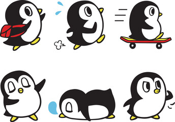 かわいいペンギンキャラクターセット7　(走る、スケボー、おまかせ、寝る 他)