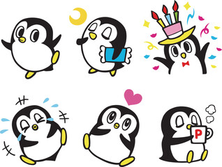 かわいいペンギンキャラクターセット8　(おやすみ、誕生日、爆笑、コーヒー 他)