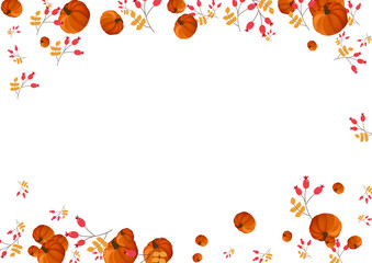 Orange Leaf Background White Vector. Gourd Pumpkins. Colorful Invitation Card. Wreath Texture. Green Leaves October Set.