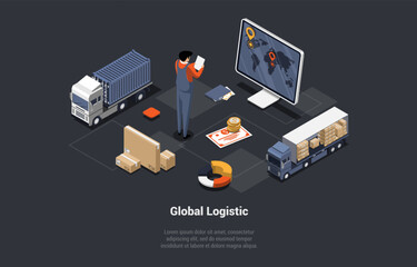 Global Logistics Business. Cargo Land Transportation, Courier Delivery. Delivery Truck With Cardboard Boxes. Employee Controls Loading Delivery Process At Terminal. Isometric 3d Vector Illustration