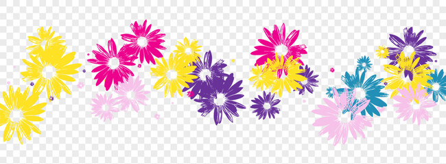 Purple Flower Background Transparent Vector. Daisy Flowering Period Texture. Green Petal Floral. Scribble Backdrop. Repeat Blue Garden.