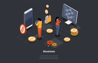 Blockchain And Cryptocurrency. Man And Woman Developers Work on Blockchain Technology And Crypto Transaction. Binary Code Number Big Data Flow Information. Isometric 3D Cartoon Vector Illustration