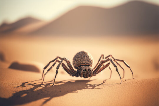 A beautiful spider is walking in the middle of the desert. Generative AI. Highly detailed macro image of the spider.