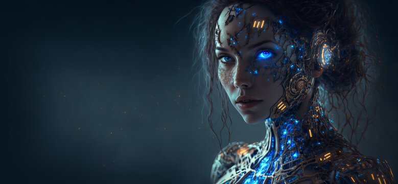 Cyborg robot android girl with blue eyes in an empty background created with Generative AI technology
