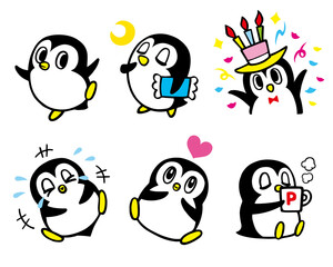 かわいいペンギンキャラクターセット8　(おやすみ、誕生日、爆笑、コーヒー 他)
