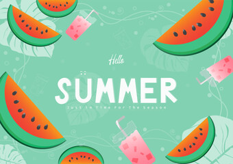 Summer background layout banners flat design watermelon strawberry smoothie summer drink. Horizontal poster, greeting card, header for website