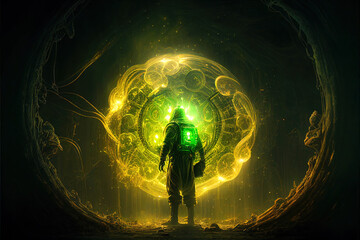  3d illustration of a futuristic multi dimensional astronaut entering a psychedelic cosmic vortex that radiates energy and sacred geometry ai generated