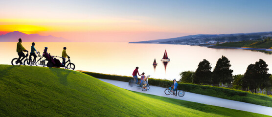 Naklejka na ściany i meble Panoramasicht auf der Fahrradtour zum See. Generiert durch AI