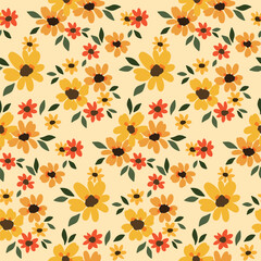 Seamless floral pattern, cute ditsy print with rustic motif. Beautiful botanical design with summer botany, small hand drawn plants: yellow flowers, leaves on a light background. Vector illustration.