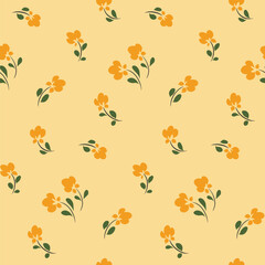 Seamless floral pattern with small hand drawn flowers in folk style. Simple ditsy print, cute botanical design: tiny yellow flowers in a liberty arrangement on a light background. Vector illustration.