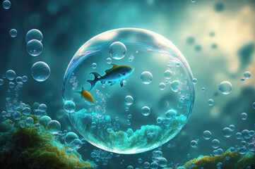 Obraz na płótnie Canvas Beautiful Bubble under water blue background. World water day concept. Generative ai.