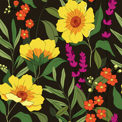 Seamless floral pattern with large hand drawn wild plants in vintage style. Beautiful botanical print with yellow cosmos flowers, small flowers, leaves, herbs on green background. Vector illustration.