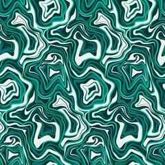Seamless pattern with paint washes in green colors. Abstract surface design with stains and streaks of paint on water. Surreal background texture in trendy retro style. Vector illustration.