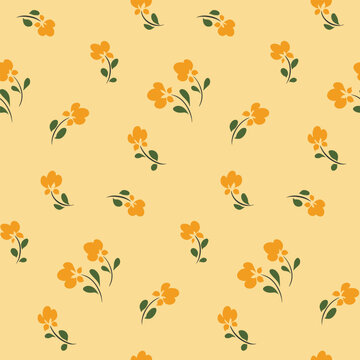 Seamless floral pattern with small hand drawn flowers in folk style. Simple ditsy print, cute botanical design: tiny yellow flowers in a liberty arrangement on a light background. Vector illustration.