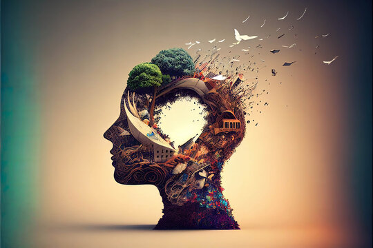3D abstract illustration of  human head silhouette with an eco city of imagination exploding  from the top ai generated	