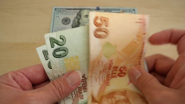 Many Turkish Lira Banknotes with coins and 100 dollars usa on wooden desk. money banknotes pack.