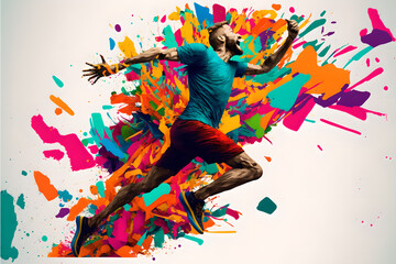A young, optimistic happy person jumping through huge liquid paint and colors of all sorts, sports illustrated, joyful health, jogging commercial