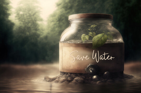 A jar full of water and label save water. Eco system world water day concept. Generative ai.