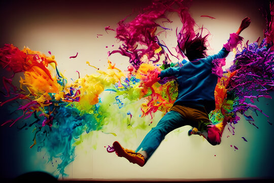 A Young, Optimistic Happy Person Jumping Through Huge Liquid Paint And Colors Of All Sorts, 