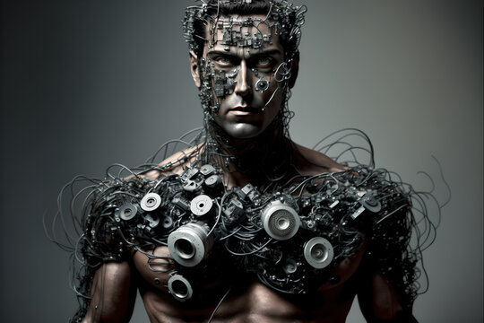 A cyborg man made of spy cameras and many wires and electronics, chips and silicon, all shiny metal, robot person