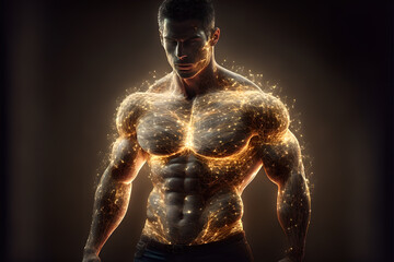 Very muscly and handsome young man made of light and electricity on his body, portrait close up, health and working out, generative AI