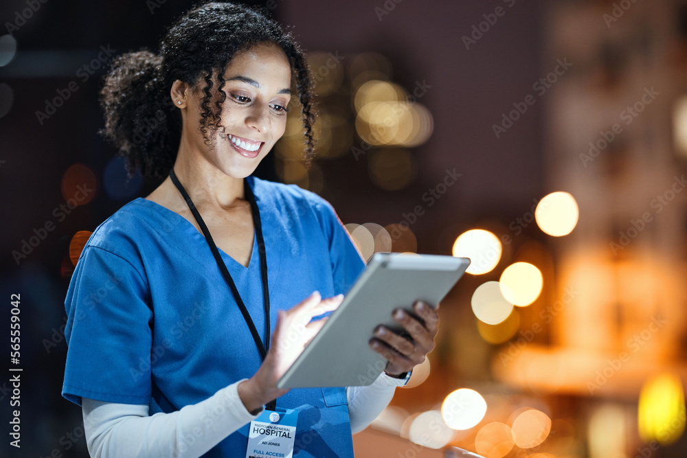 Poster Medical, research and night with doctor and tablet for planning, medicine and schedule. Technology, review and digital with black woman reading report for healthcare, science and life insurance news