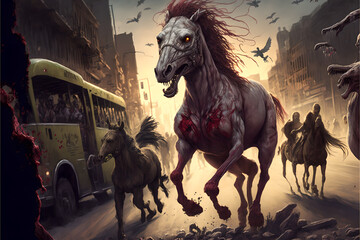 Crazed zombie mutated horses and other alien animals rage in a stampede across a burning street in chaos scenes - obrazy, fototapety, plakaty