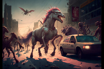 Crazed zombie mutated horses and other alien animals rage in a stampede across a burning street in chaos scenes