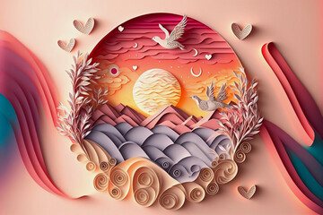 Round frame with nature scene with with waves, mountains and setting sun,  Ai Generative illustration.