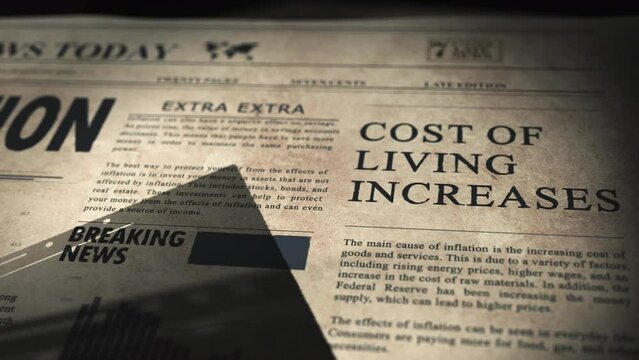 Inflation Articles and depreciation in old newspaper with diagrams and falling curve, tracking shot close-up animation