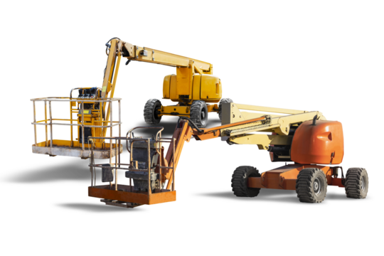 Two construction telescopic towers or work platform for lifting people working at height on a white isolated background. Powerful work platform for lifting workers.