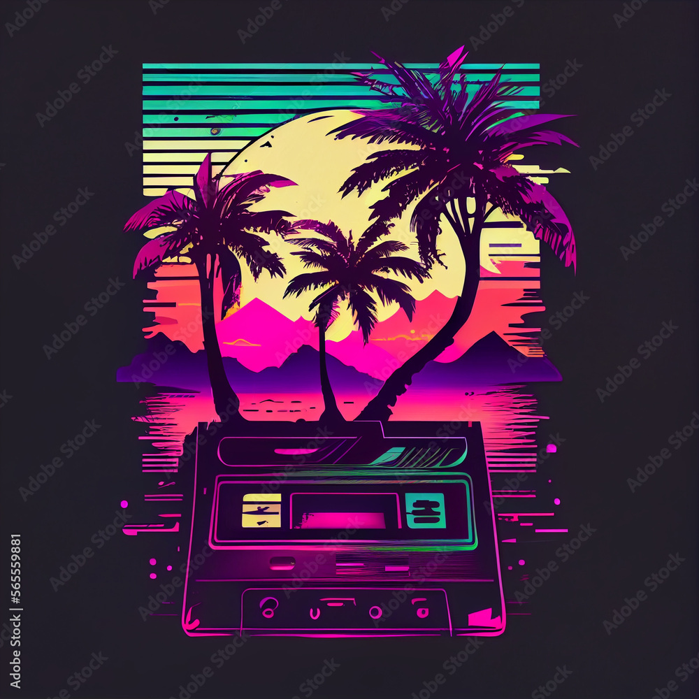 Poster beautiful audio cassette tape in neon light.minimalism retro style concept. 80s. background pattern 