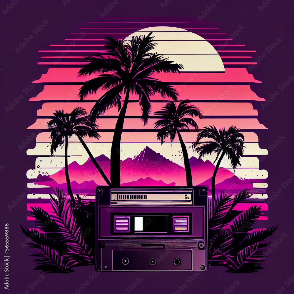 Poster beautiful audio cassette tape in neon light.minimalism retro style concept. 80s. background pattern 