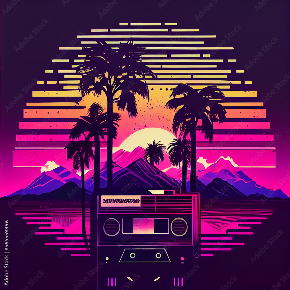 Poster Beautiful Audio cassette tape in neon light.Minimalism retro style concept. 80s. Background pattern for design.	
