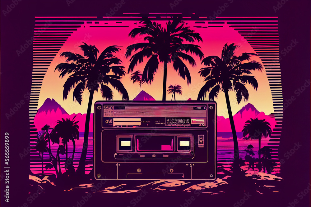 Poster beautiful audio cassette tape in neon light.minimalism retro style concept. 80s. background pattern 