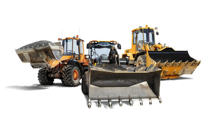 Three heavy wheeled front loaders or bulldozers on a white isolated background. Construction equipment and transport. Transportation and movement of bulk materials. Excavation. Element for design.