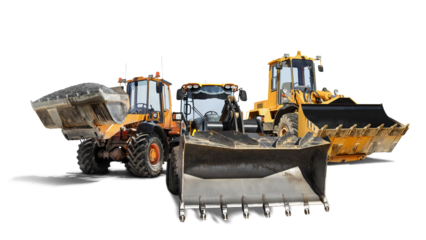 Three heavy wheeled front loaders or bulldozers on a white isolated background. Construction equipment and transport. Transportation and movement of bulk materials. Excavation. Element for design.