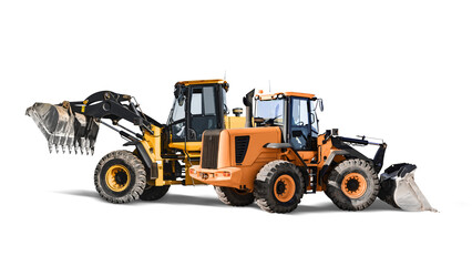 Two heavy front loaders or bulldozers on a white isolated background. Construction equipment and transport. Transportation and movement of bulk materials. Excavation. Element for design.